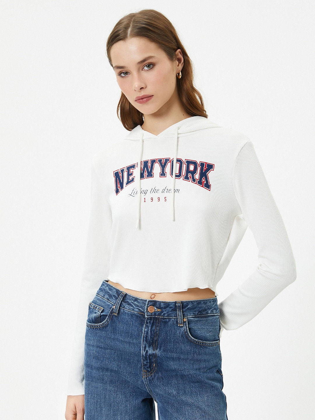 

Koton Typography Printed Hooded Crop T-shirt, White