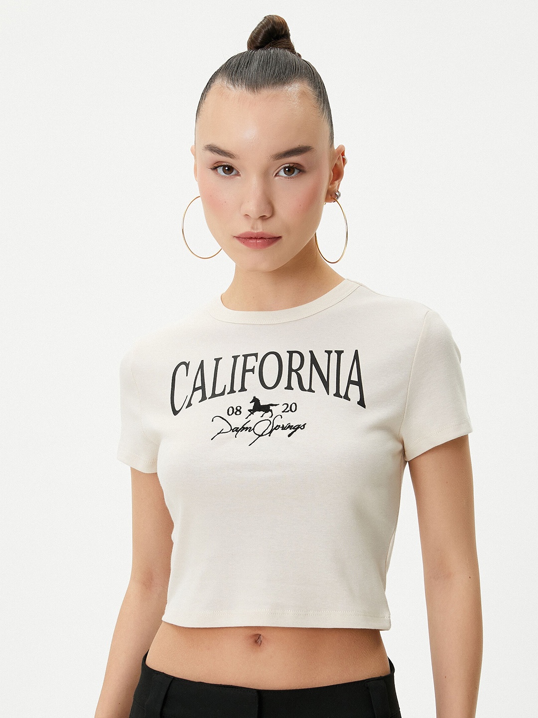 

Koton Typography Printed Crop Pure Cotton Slim Fit T-shirt, Beige