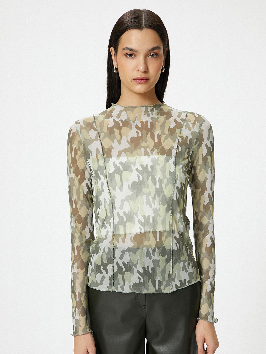 

Koton Abstract Printed High Neck Long Sleeves Semi Sheer Top, Green