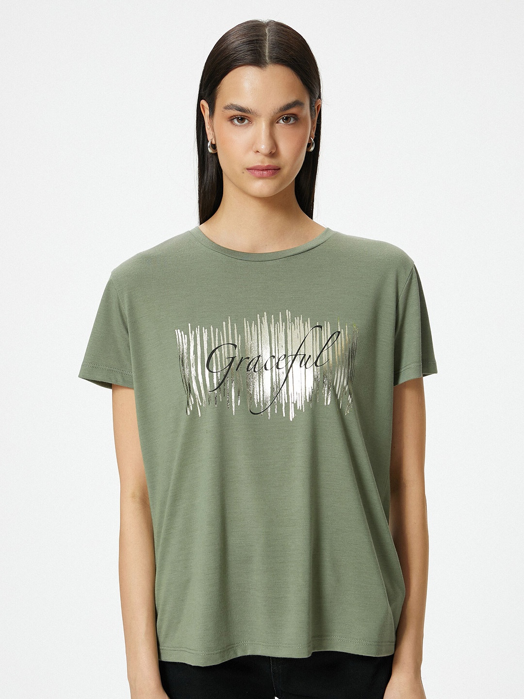 Koton Typography Printed Round Neck T-shirt, Khaki