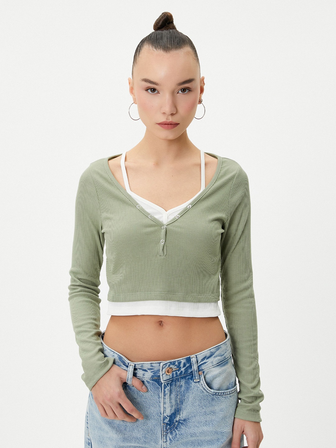 

Koton V-Neck Long Sleeves Crop T-shirt, Khaki