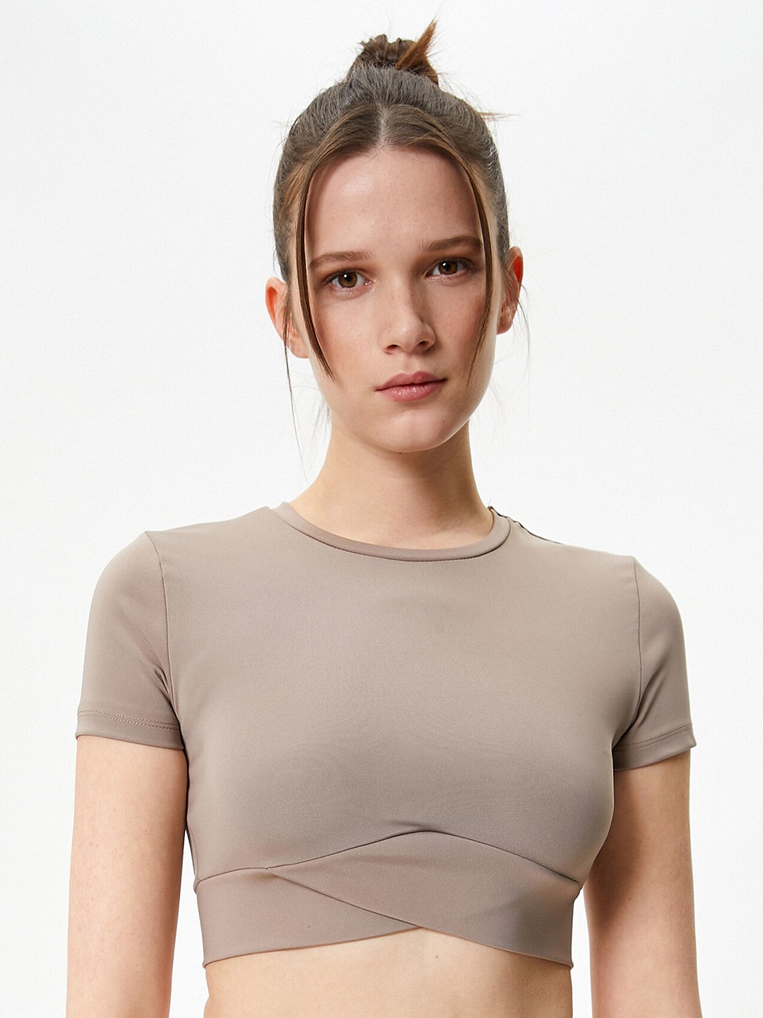 

Koton Round Neck Short Regular Sleeves Slim Fit Crop T-shirt, Brown