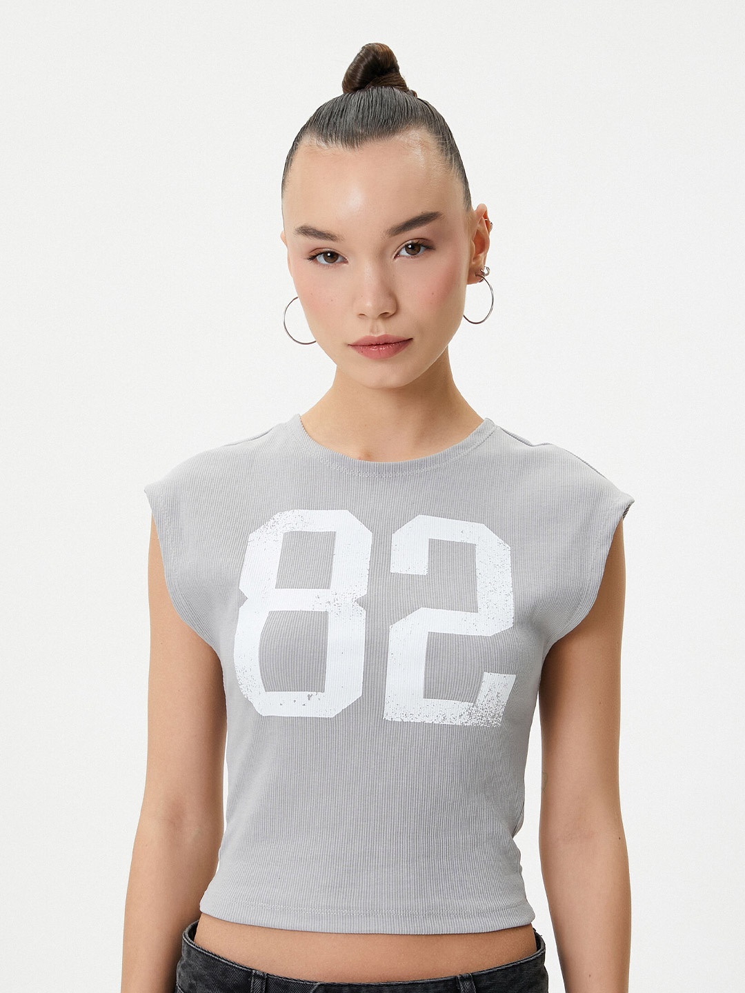 

Koton Typography Printed Extended Sleeves Crop Casual T-shirt, Grey