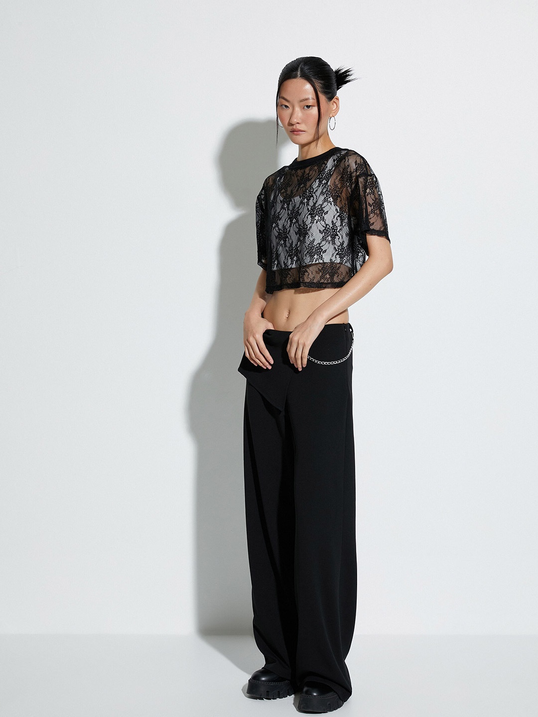 

Koton Self Design Round Neck Lace Inserts Regular Crop Top, Black