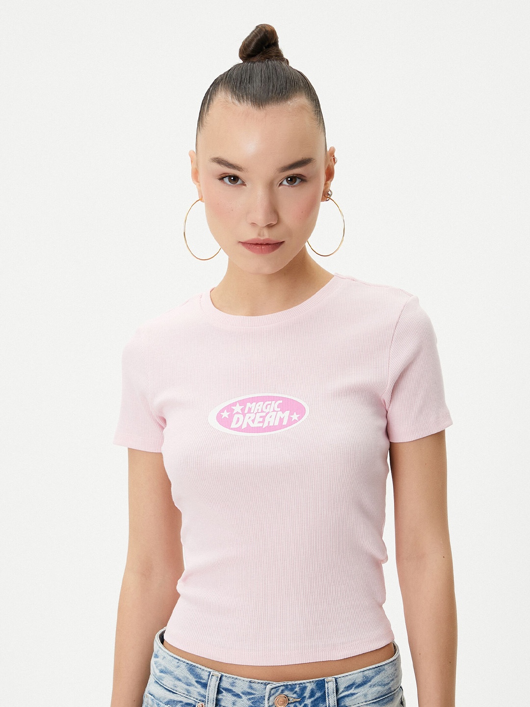 

Koton Women Typography Printed Round Neck Slim Fit T-shirt, Pink