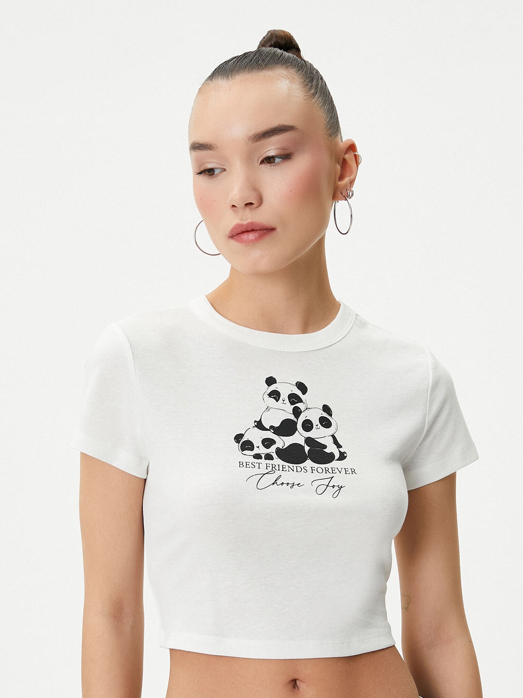 

Koton Graphic Printed Cotton Crop Slim Fit T-shirt, White