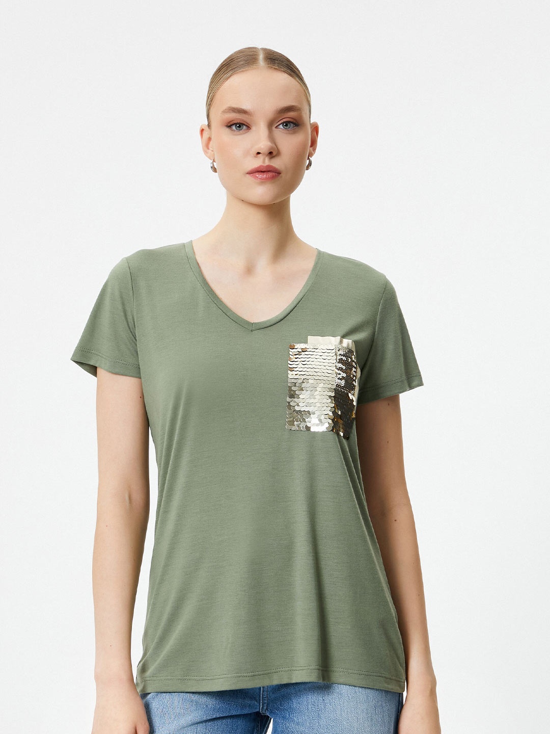 

Koton V-Neck Pockets T-shirt, Green