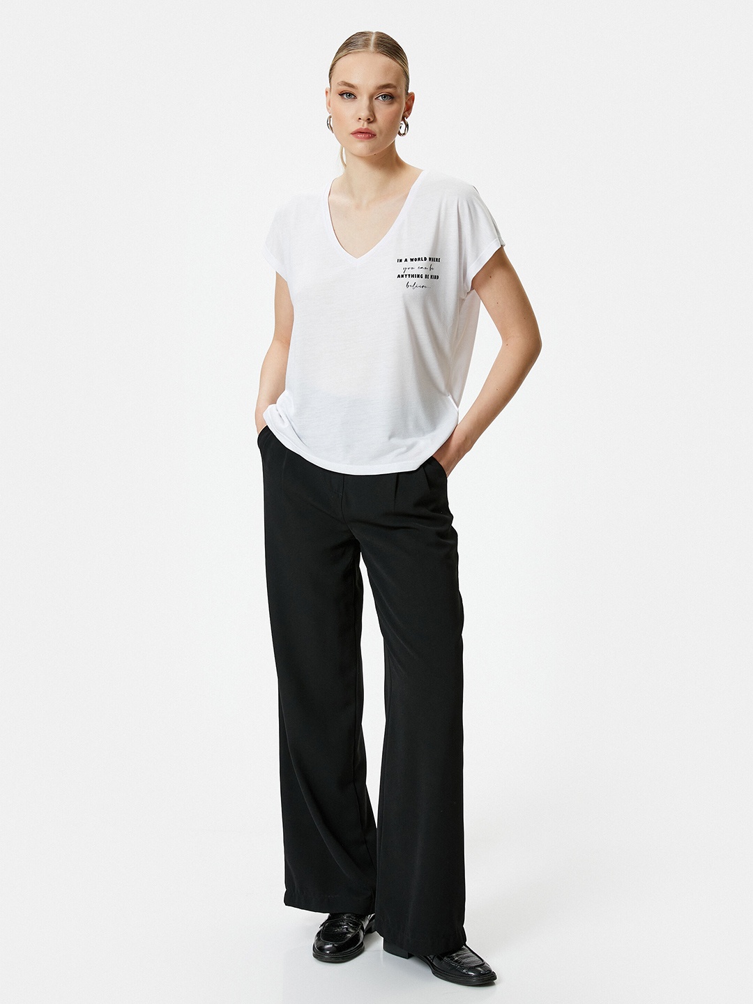 

Koton Typography Printed V-Neck T-shirt, White