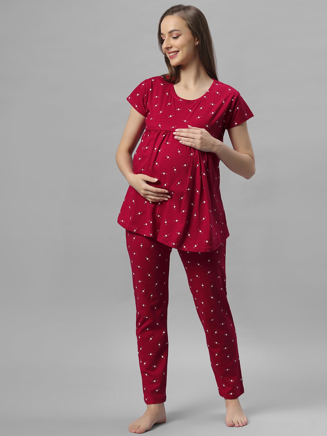 

DZZO Geometric Printed Pure Cotton Maternity & Feeding T-shirt With Pyjamas, Red