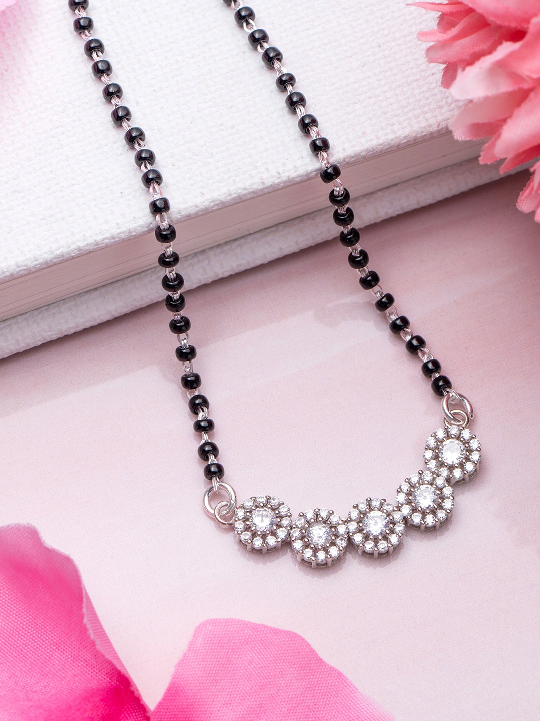 

Zavya 925 Rhodium-Plated Artificial Stones and Beads Mangalsutra, Silver