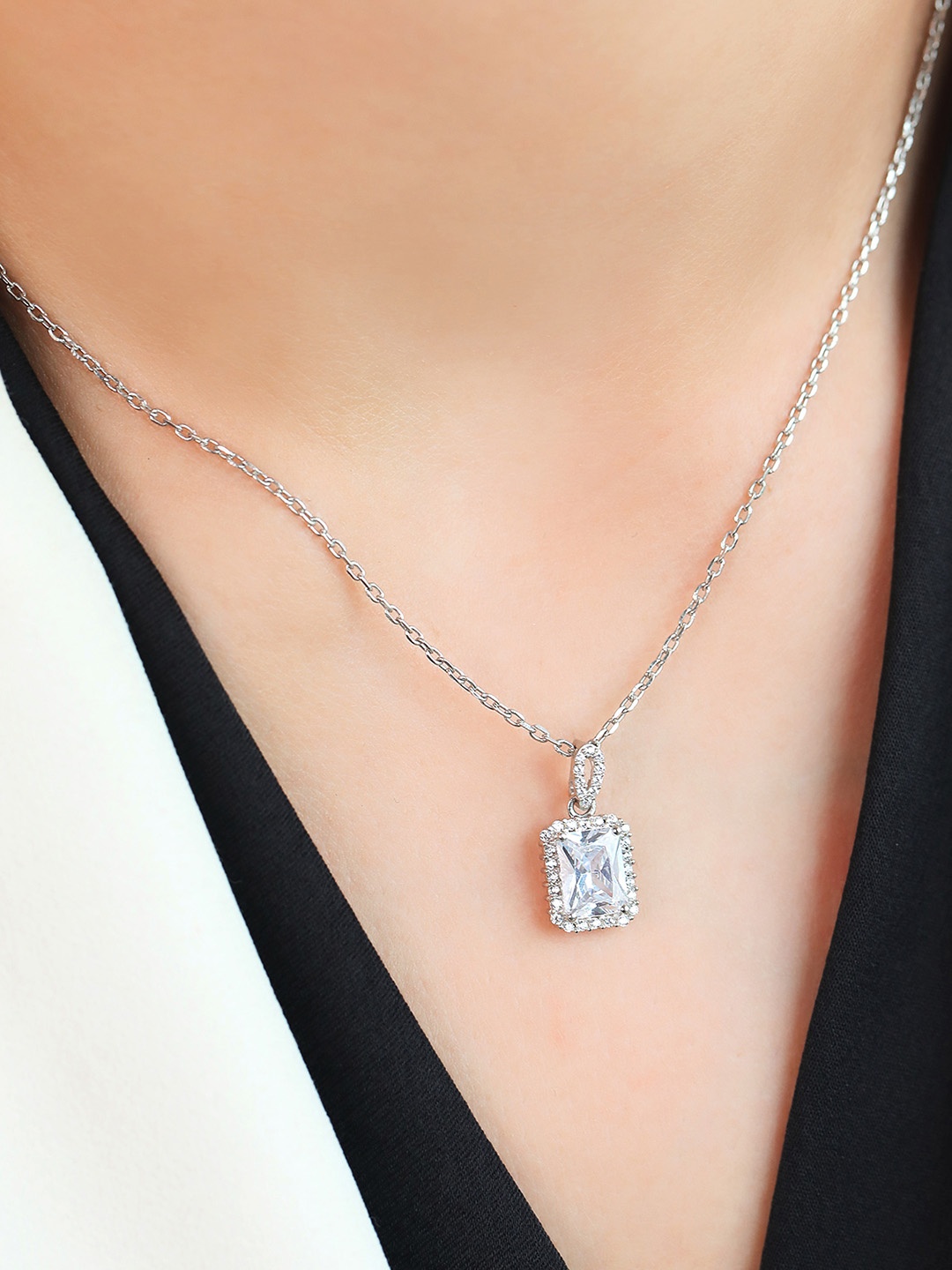 

Zavya 925 Pure Sterling Silver Rhodium-Plated Stone-Studded Square Pendants with Chains