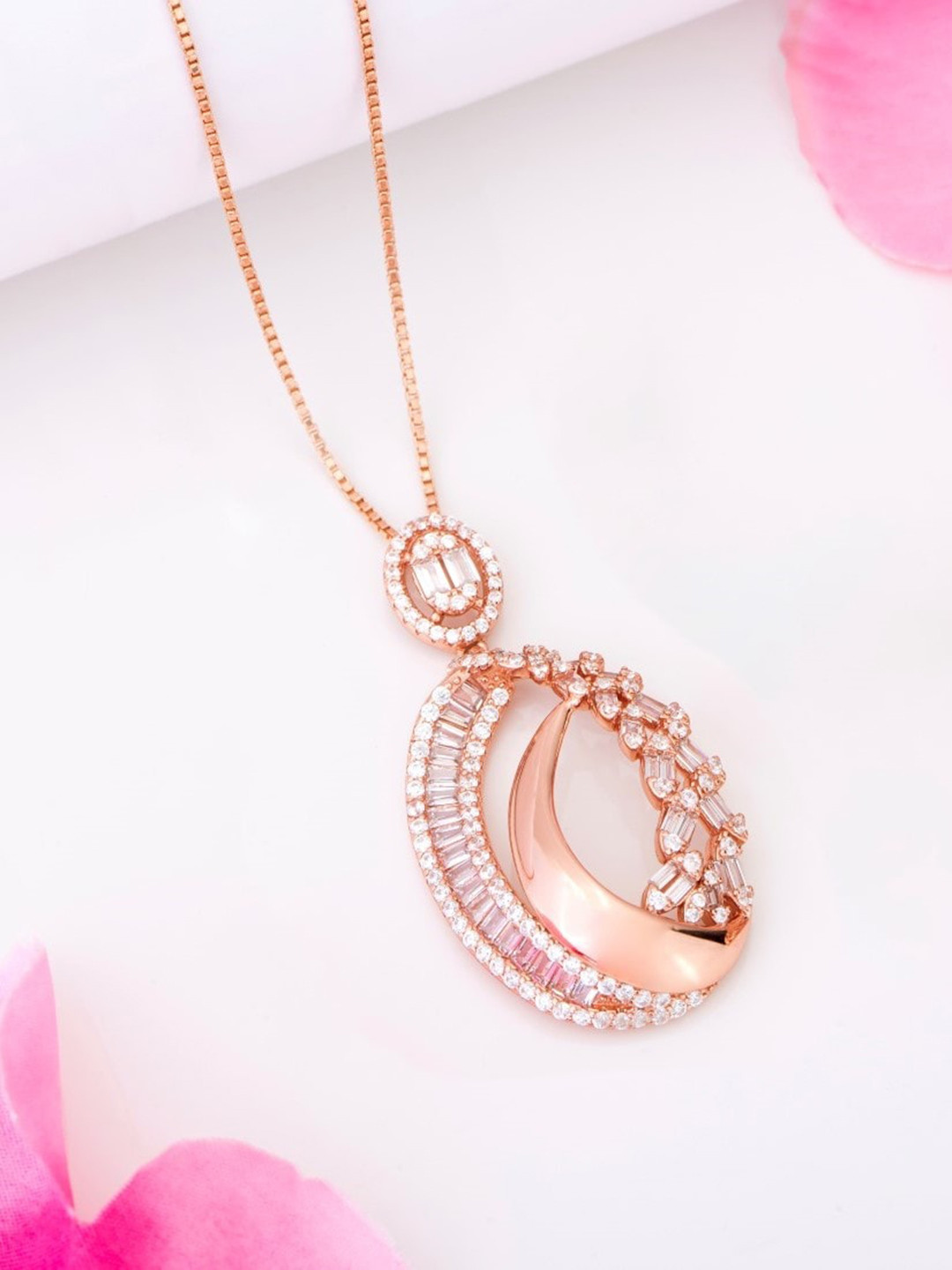 

Zavya 925 Pure Sterling Silver Rose Gold-Plated Stone-Studded Oval Pendants with Chains