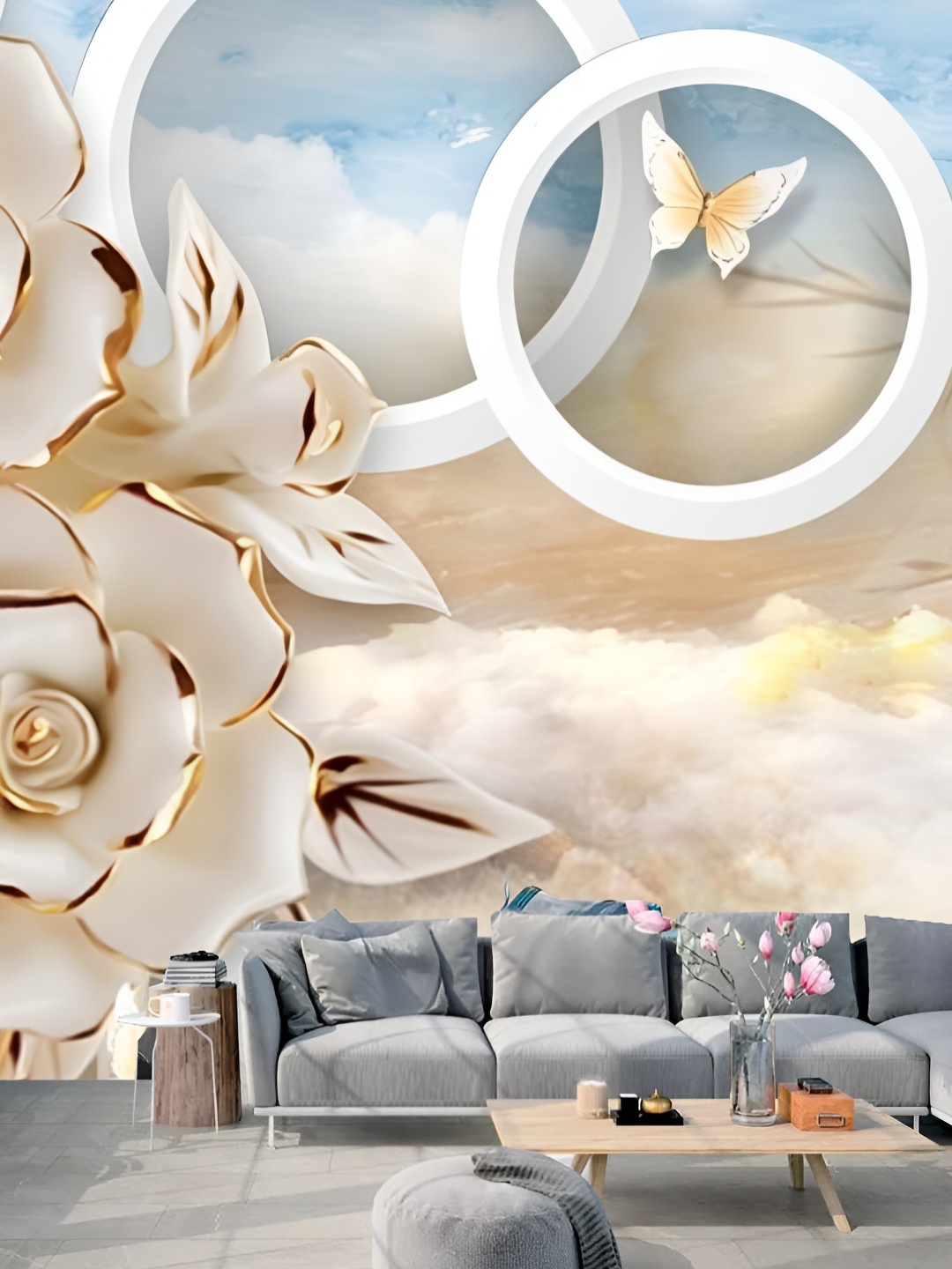 

KSHIRSA White & Cream Colored Floral Printed Self-Adhesive Laminated Wallpaper Sticker