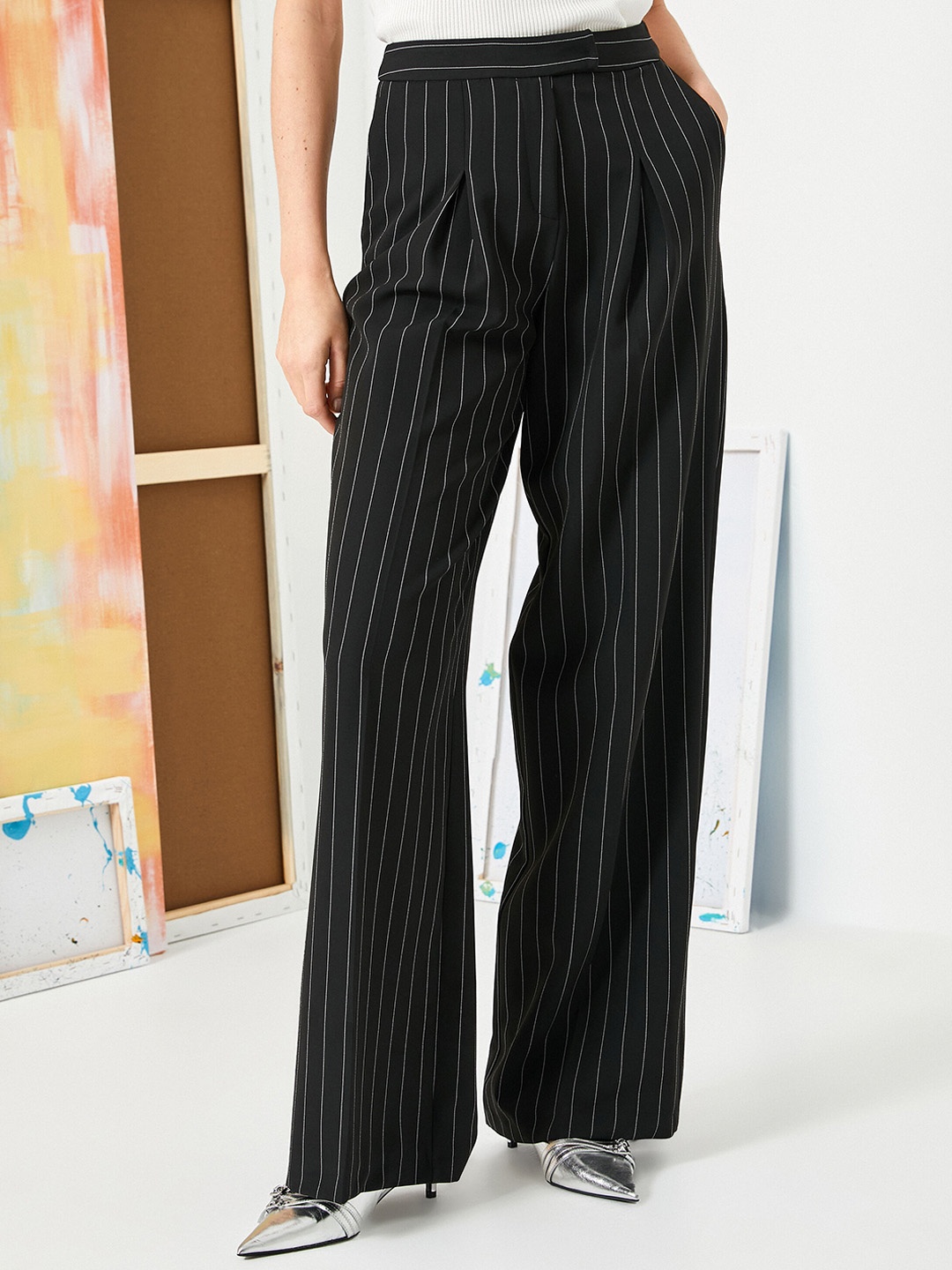 

Koton Women Striped Straight Fit High-Rise Trousers, Black