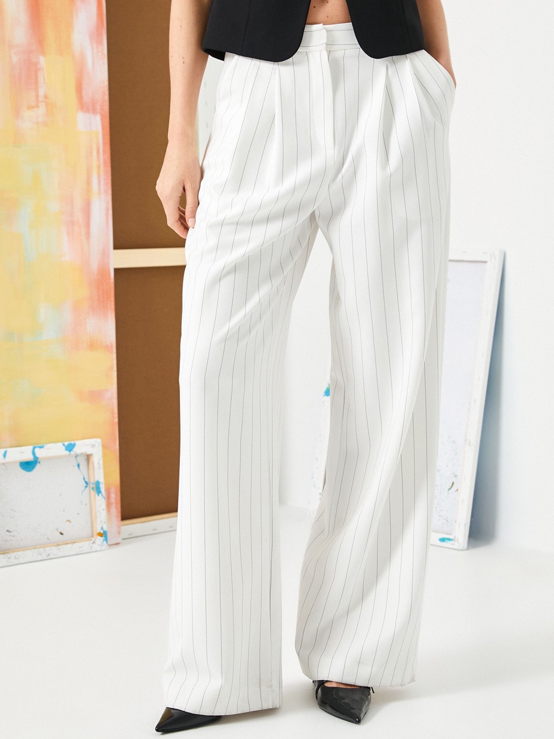 

Koton Women Striped Straight Fit High-Rise Parallel Trouser, White