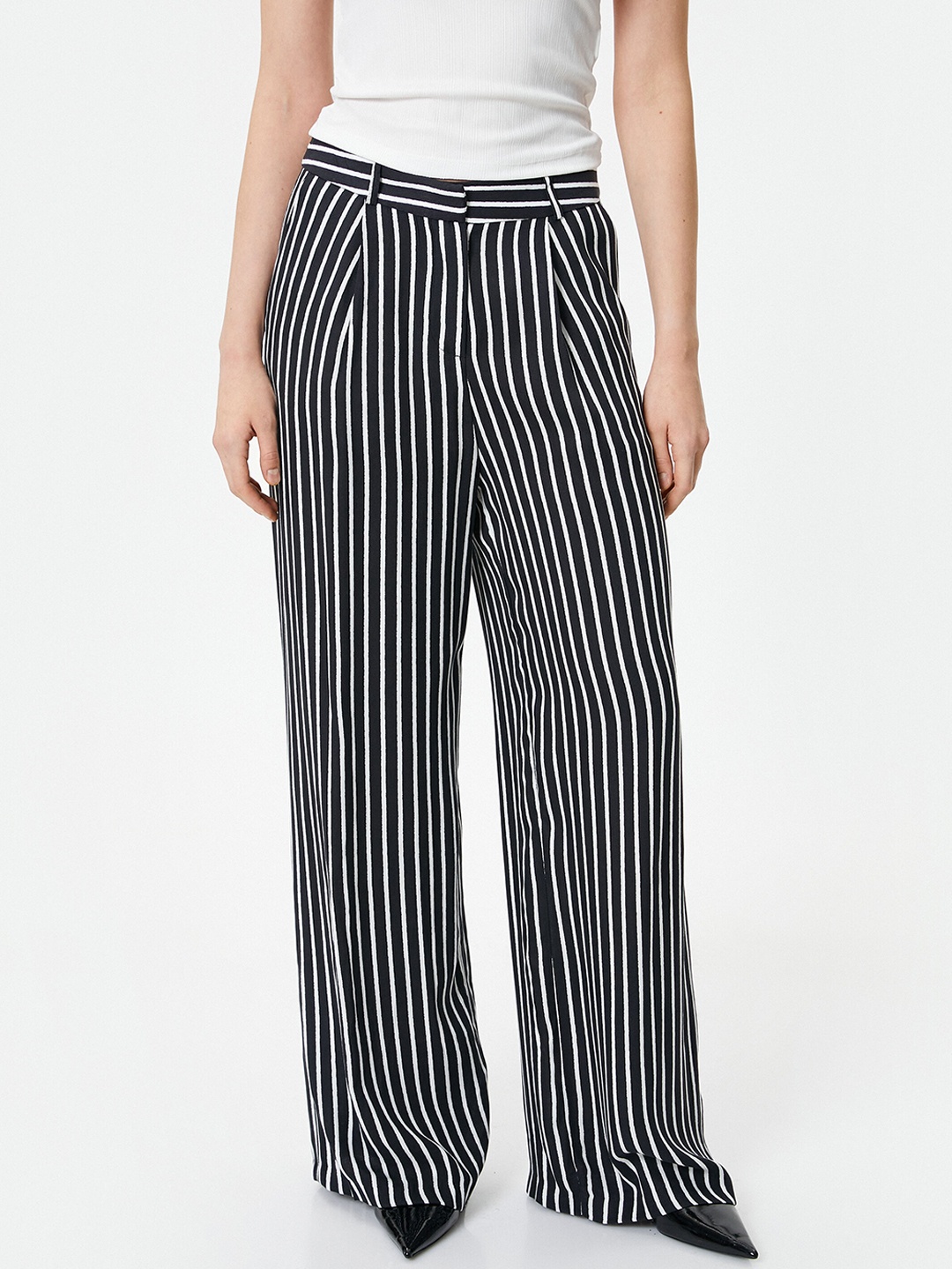 

Koton Women Striped Straight Fit High-Rise Parallel Trousers, Black