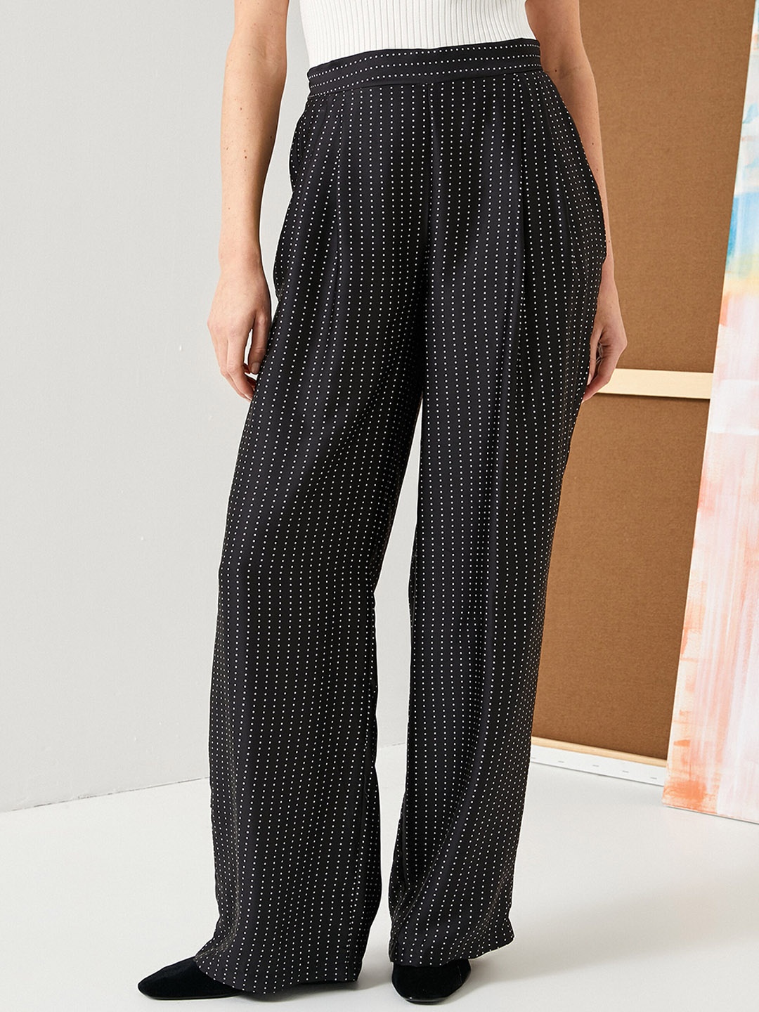 

Koton Women Micro Ditsy Printed Straight Fit High-Rise Parallel Trousers, Black