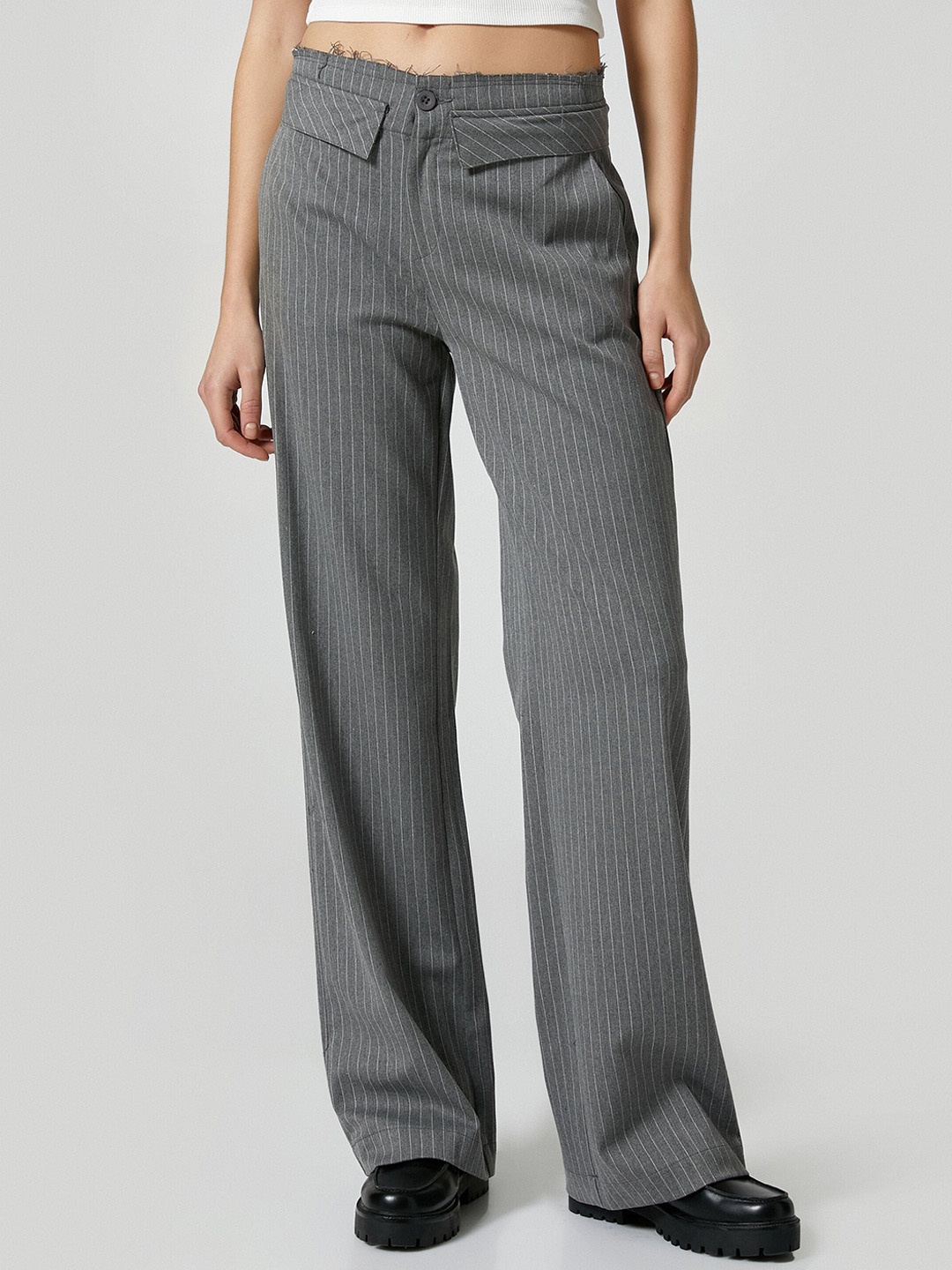 

Koton Women Straight Fit Mid-Rise Striped Trouser, Grey