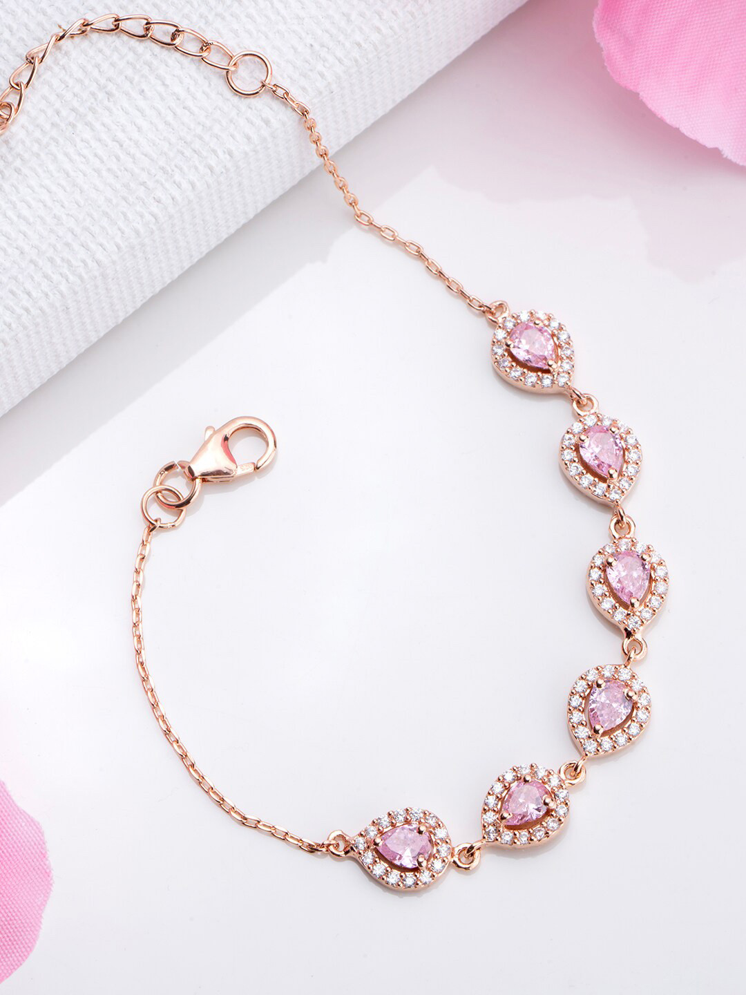 

Zavya Rose Gold-Plated 92.5 Sterling Silver Cubic Zirconia Studded Charm Bracelet