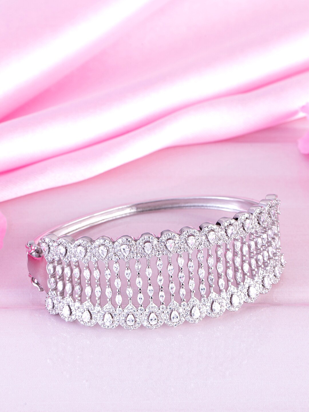 

Zavya Rhodium-Plated 92.5 Sterling Silver Cubic Zirconia Studded Bangle-Style Bracelet