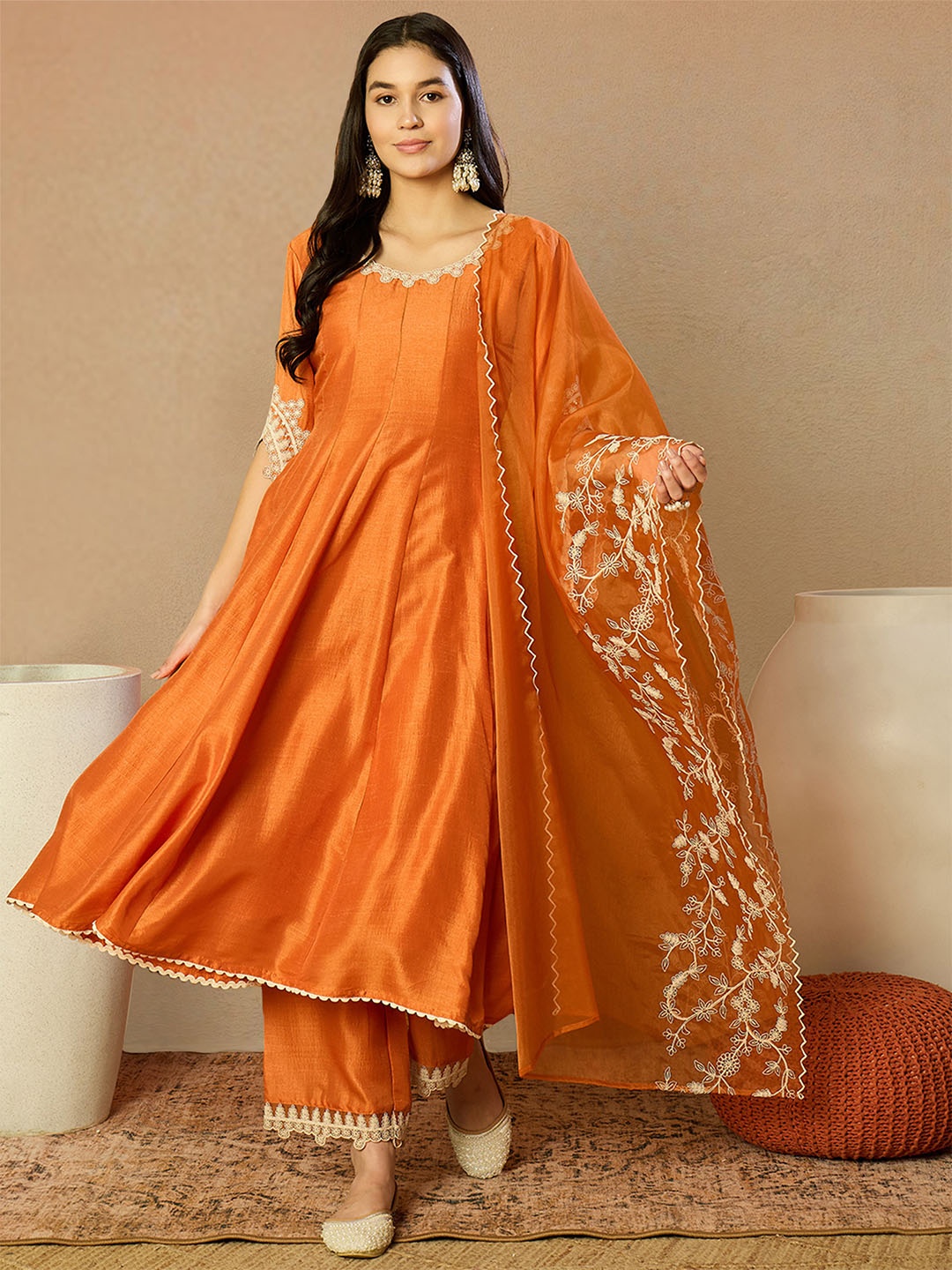 

AHIKA Orange Floral Embroidered Regular Thread Work Kurta With Palazzos & Dupatta