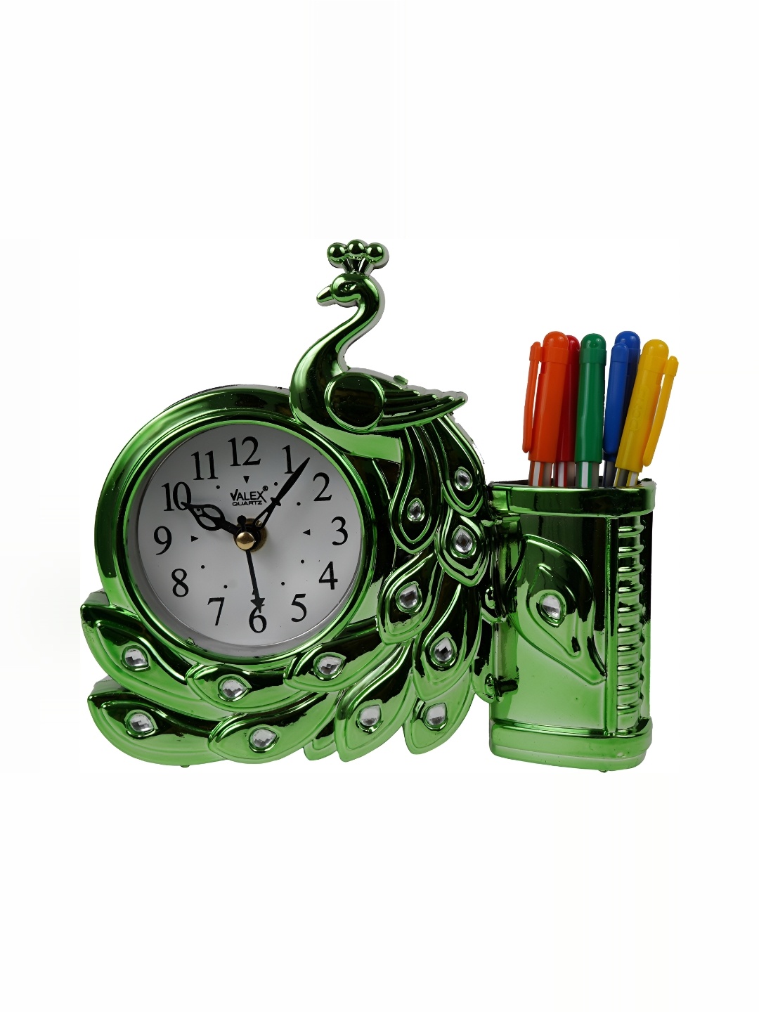 Sigaram Green Peacock Design Round Table Clock With Pen Holder