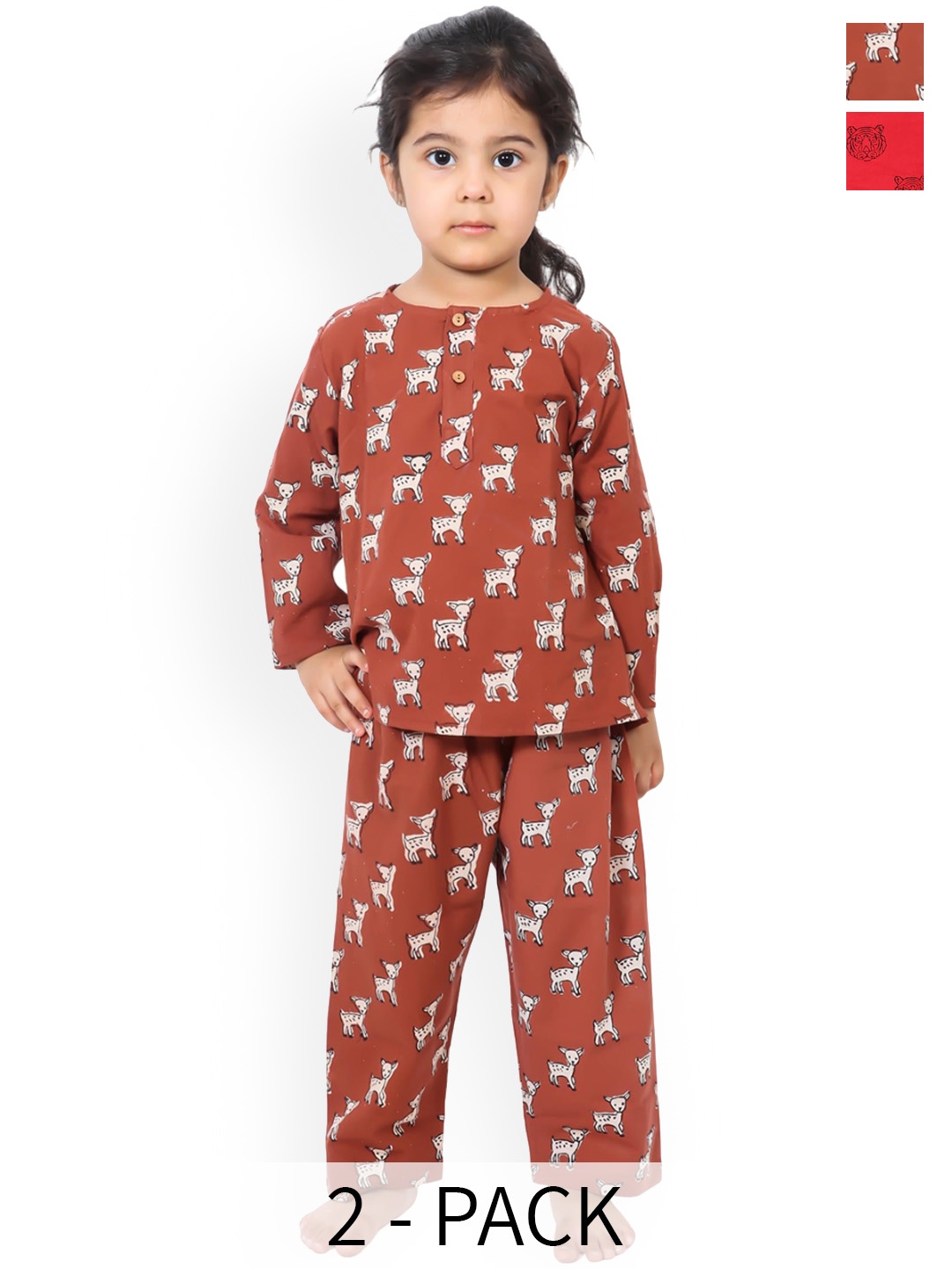 

BAESD Girls Pack Of 2 Printed Long Sleeves Pure Cotton Night suits, Red