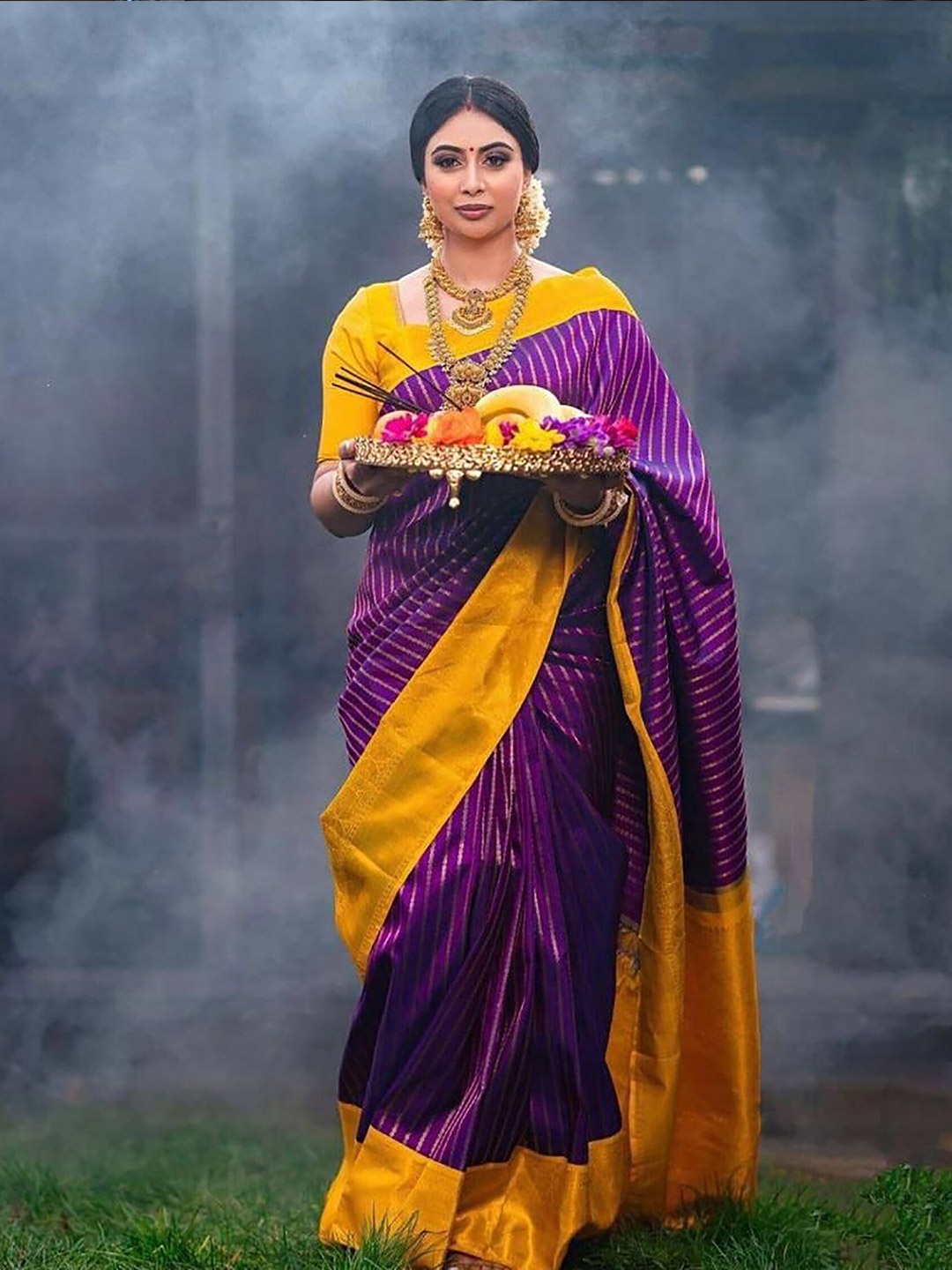 

Aldwych Striped Woven Design Zari Banarasi Saree, Purple