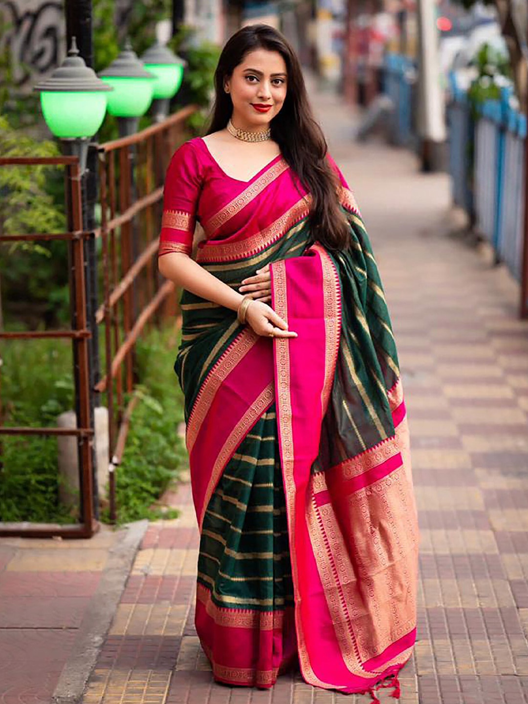 

Aldwych Ethnic Motifs Woven Design Designer Banarasi Saree, Green