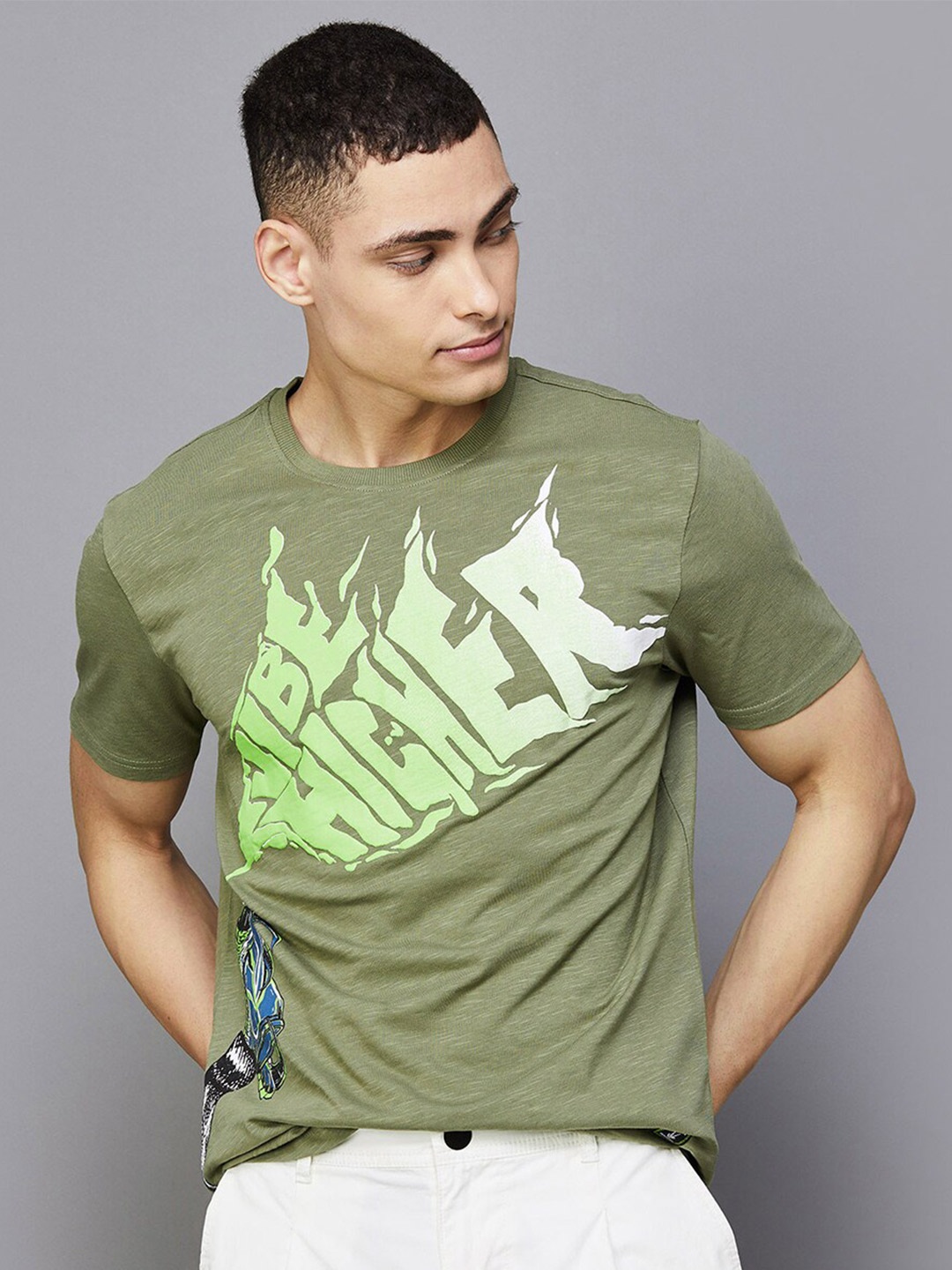 

Forca by Lifestyle Typography Printed Slim Fit Cotton T-shirt, Olive