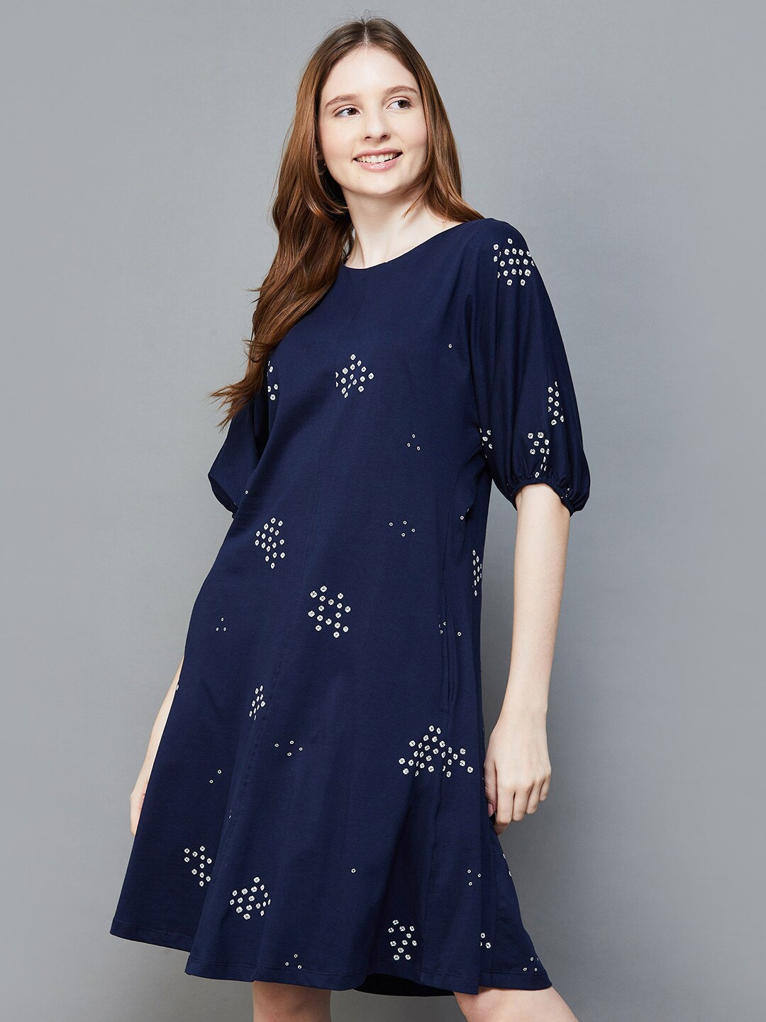 

Colour Me by Melange Round Neck Floral Printed Puff Sleeve A-Line Dress, Blue