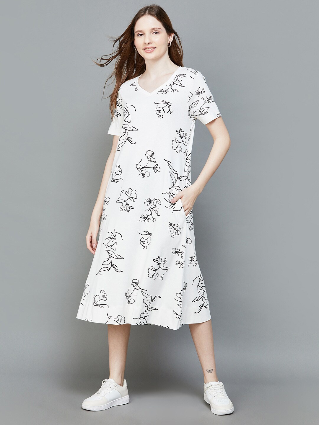 

Colour Me by Melange Floral Print Pure Cotton A-Line Midi Dress, Off white