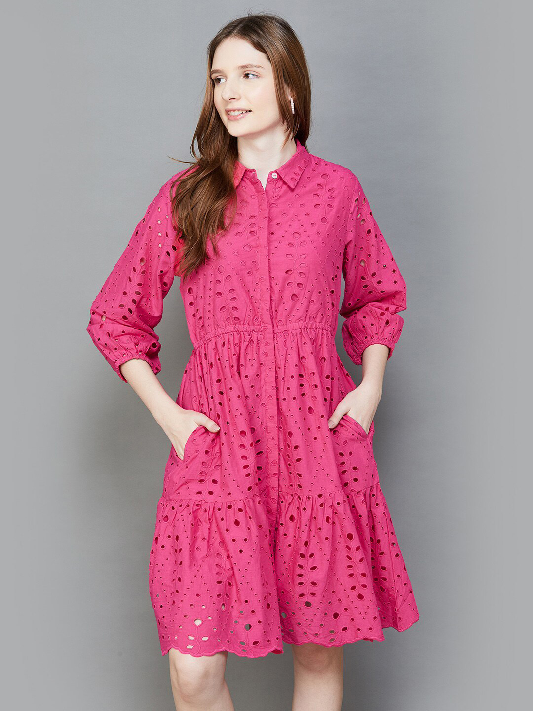 

Colour Me by Melange Self Design Cotton Puff Sleeve Shirt Dress, Pink