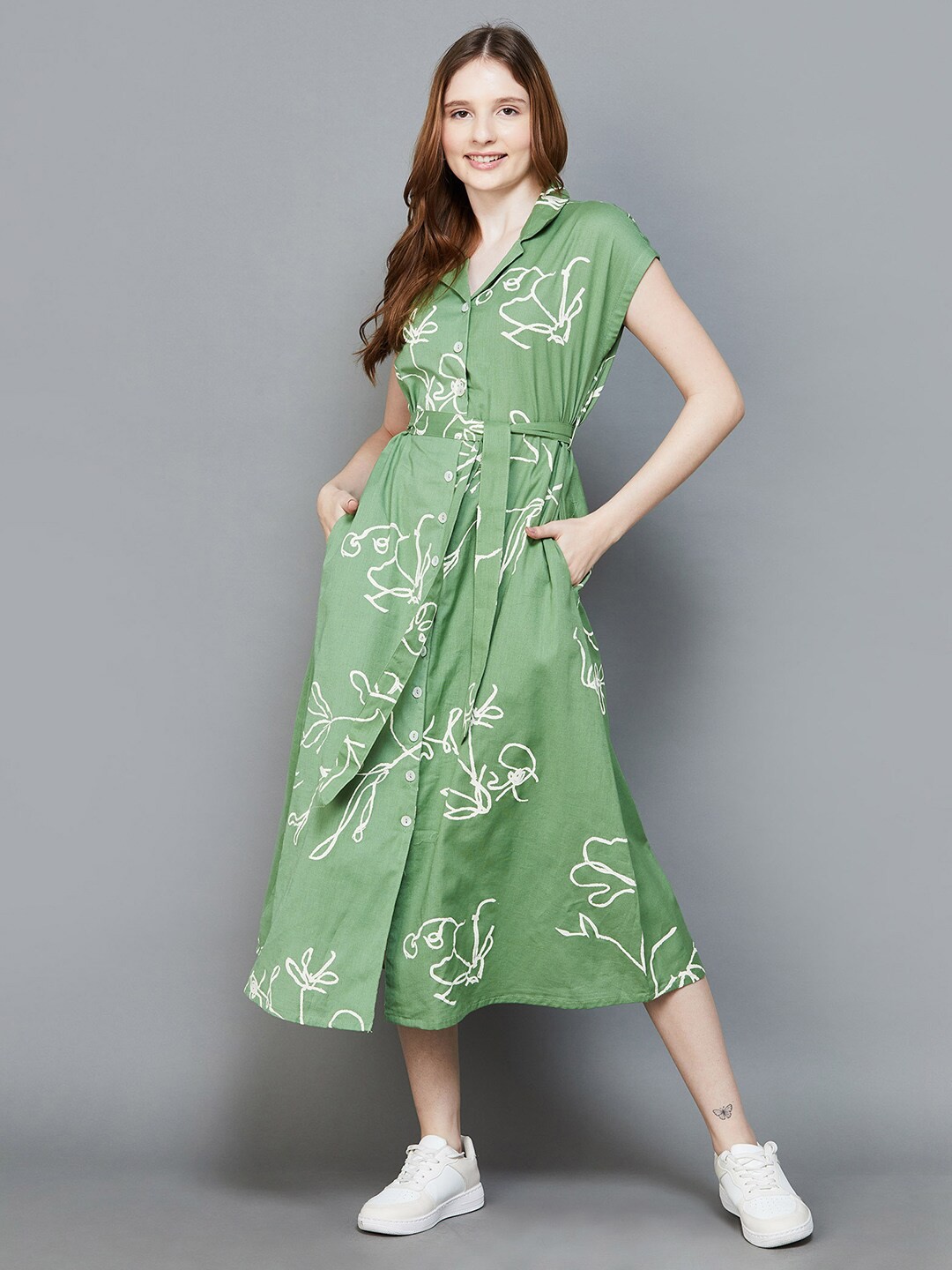 

Colour Me by Melange Floral Printed Belted Shirt Midi Dress, Green