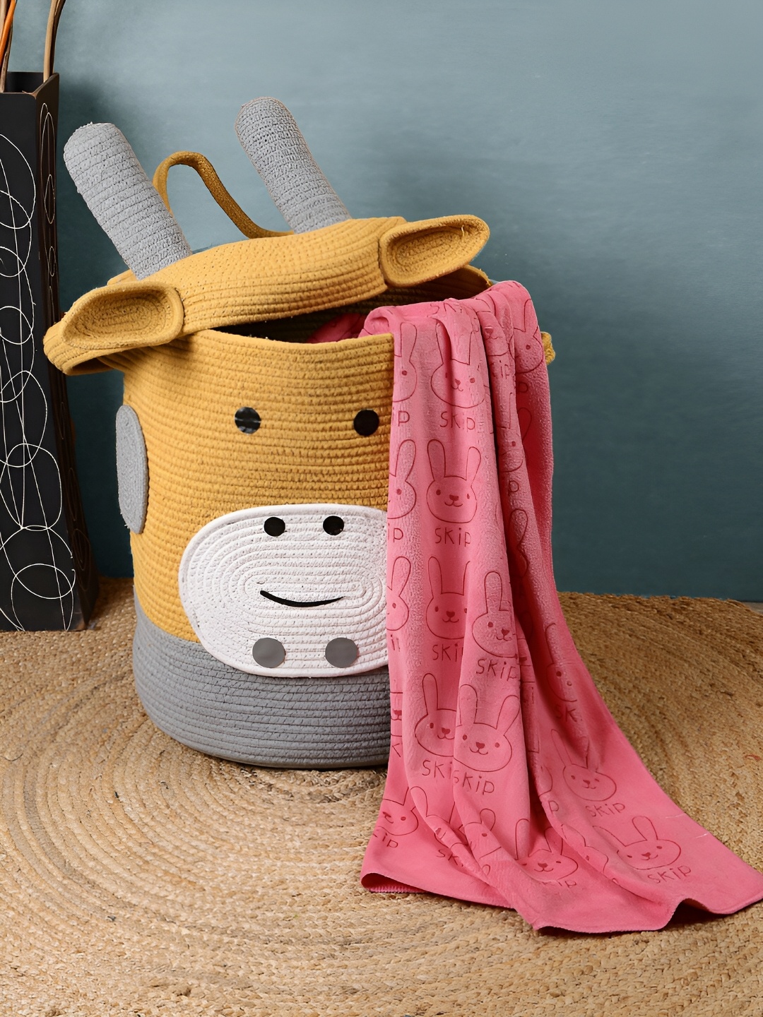 

FABINALIV Yellow & Grey Foldable Cotton Laundry Bag With Lid