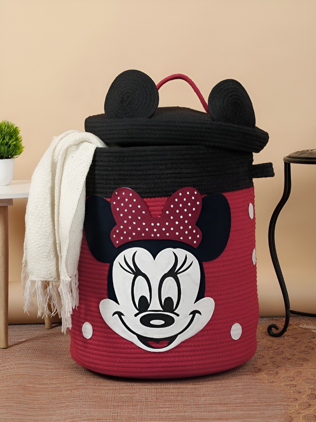 

FABINALIV Maroon & Black Printed Foldable Cotton Laundry Bag with Lid