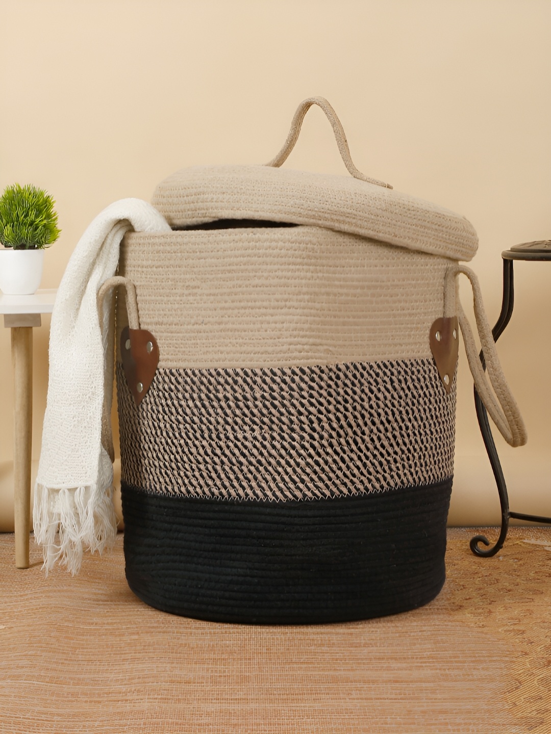 

FABINALIV Brown & Beige Striped Foldable Cotton Laundry Bag