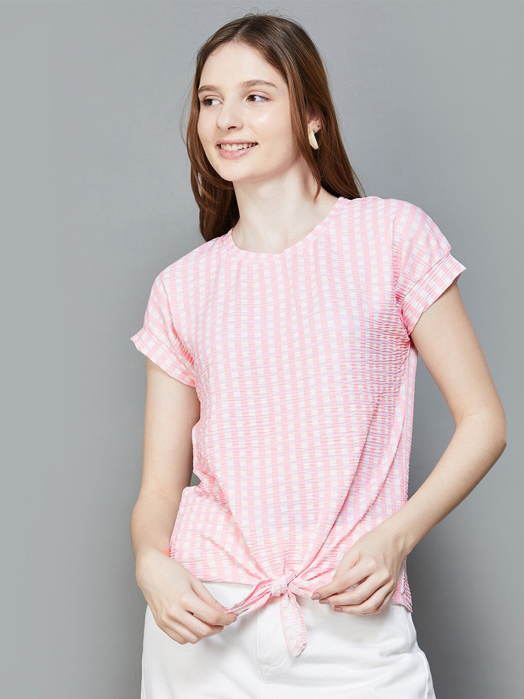 

Fame Forever by Lifestyle Checked Round Neck Extended Sleeves Top, Pink