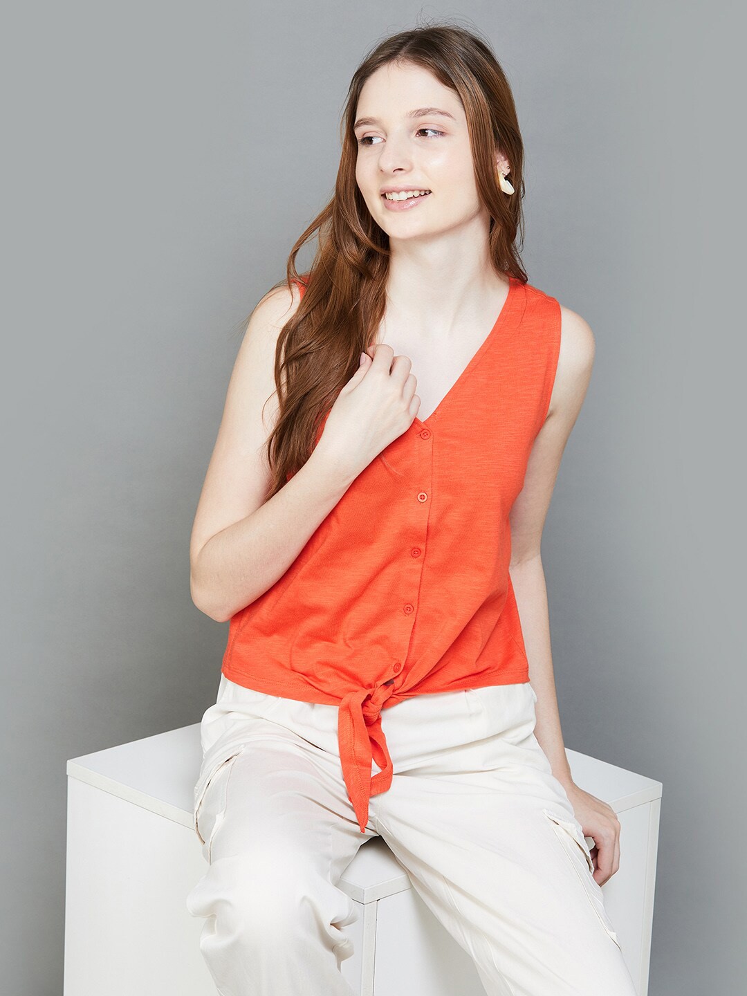 

Fame Forever by Lifestyle V-Neck Sleeveless Cotton Top, Orange