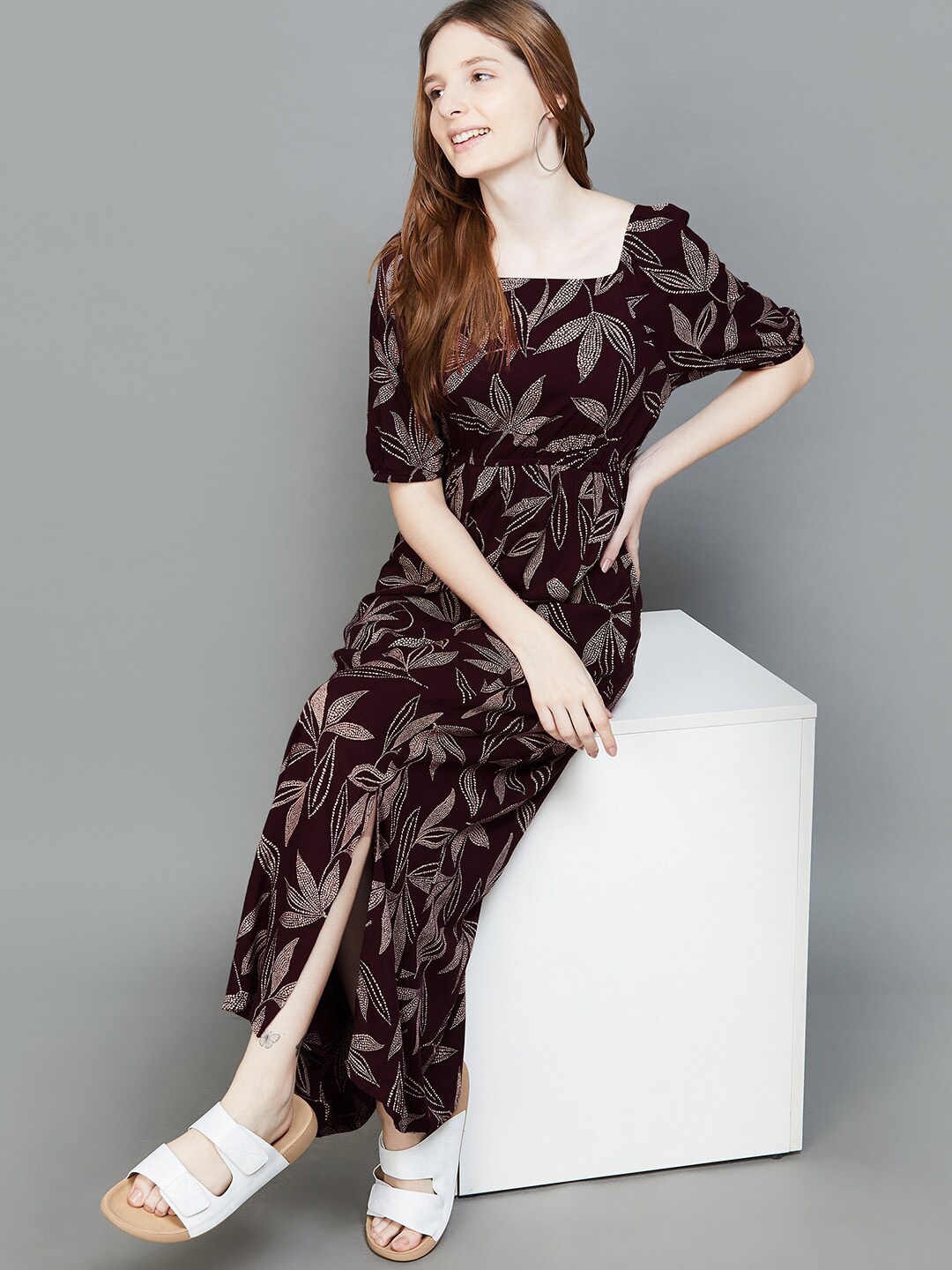 

Fame Forever by Lifestyle Floral Print Puff Sleeve Maxi Dress, Brown
