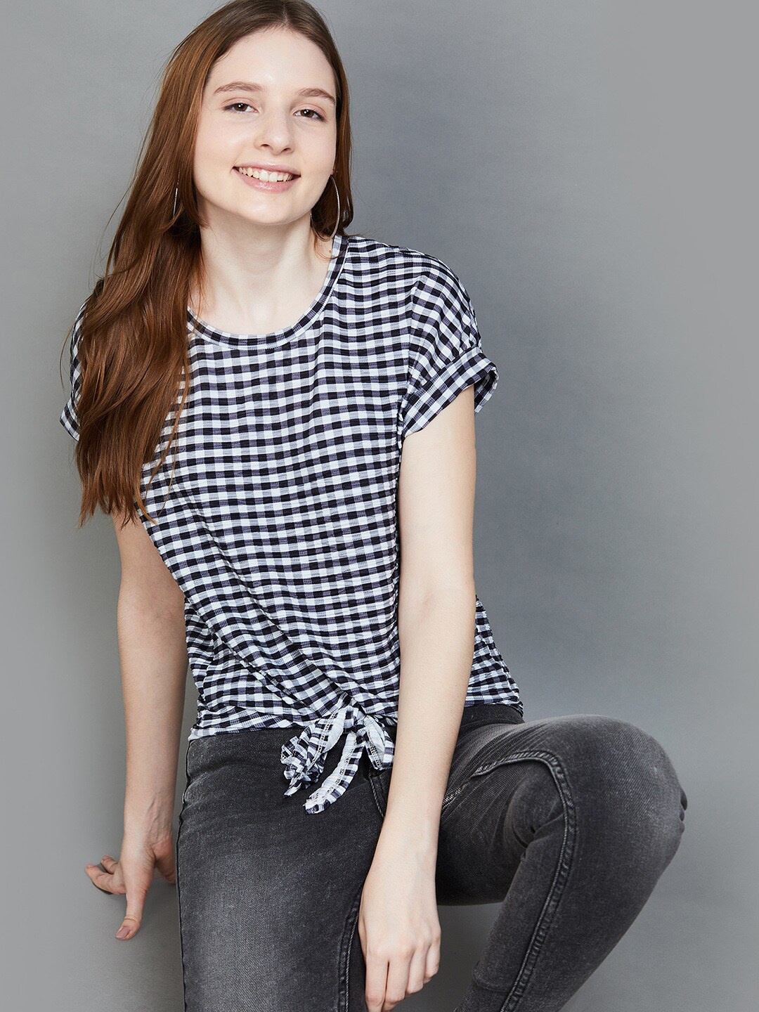 

Fame Forever by Lifestyle Checked Round Neck Extended Sleeves Top, Black