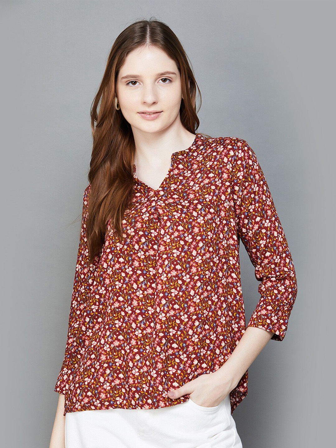 

Fame Forever by Lifestyle Floral Print Mandarin Three-Quarter Sleeves Collar Top, Maroon