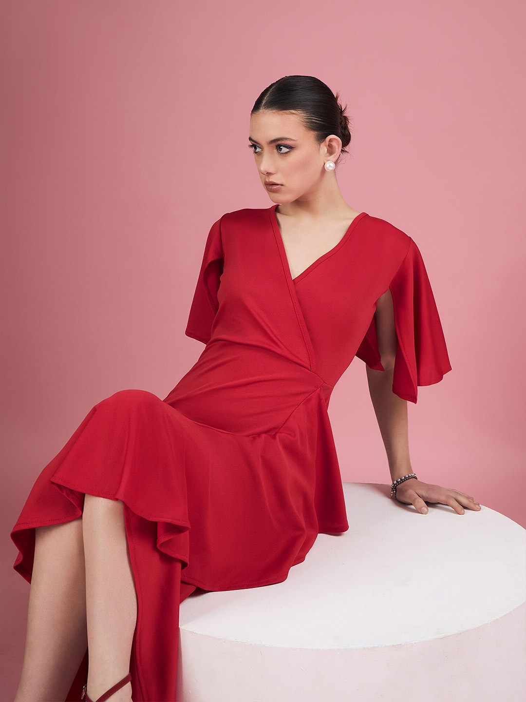 

DressBerry Red Flared Sleeve Midi Wrap Dress