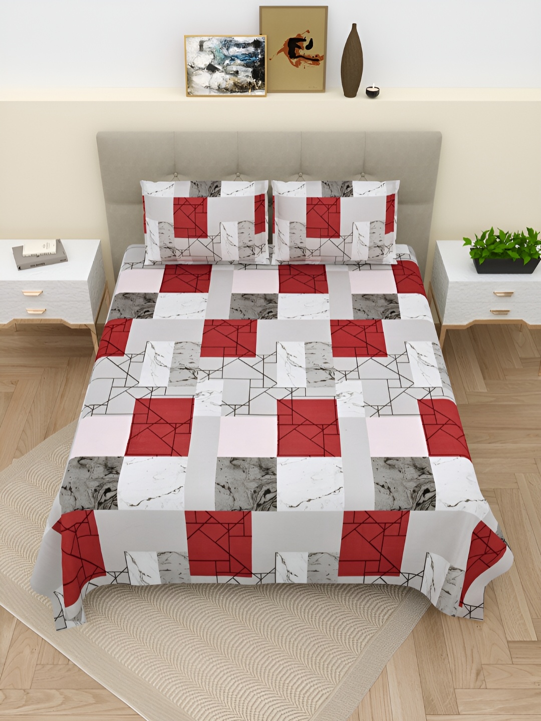 

Aura Grey & White Geometric Cotton 220 TC King Bedsheet with 2 Pillow Covers