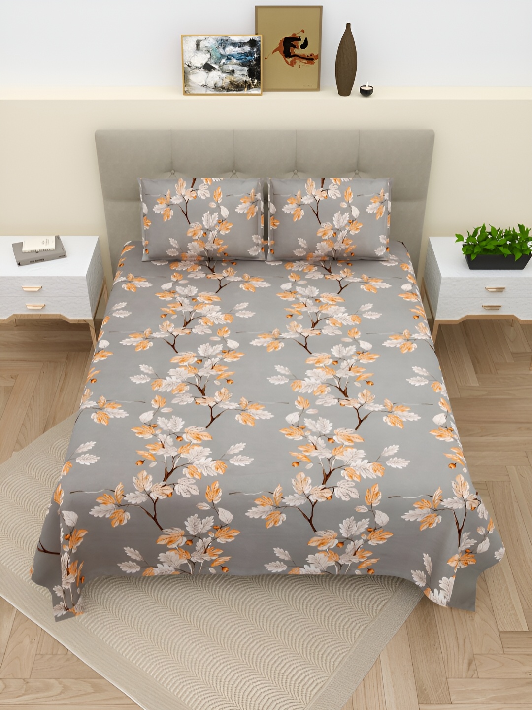 

Aura Grey & Brown Floral Cotton 220 TC King Bedsheet with 2 Pillow Covers