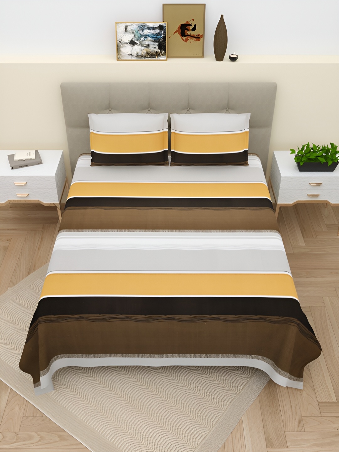 

Aura Yellow & Brown Striped Cotton 220 TC King Bedsheet with 2 Pillow Covers