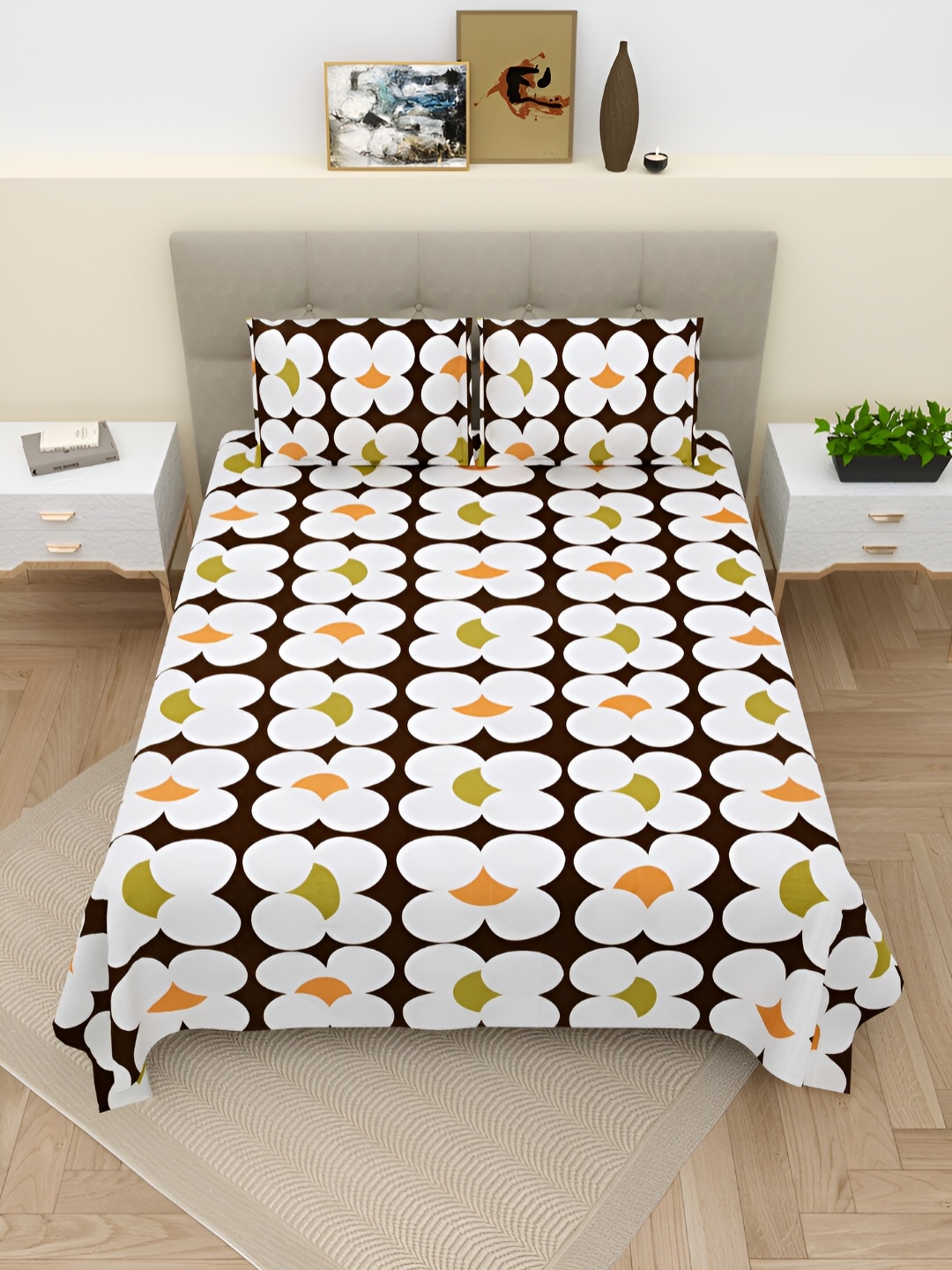 

Aura Brown & White Cotton Geometric 220 TC King Bedsheet with 2 Pillow Covers, Black