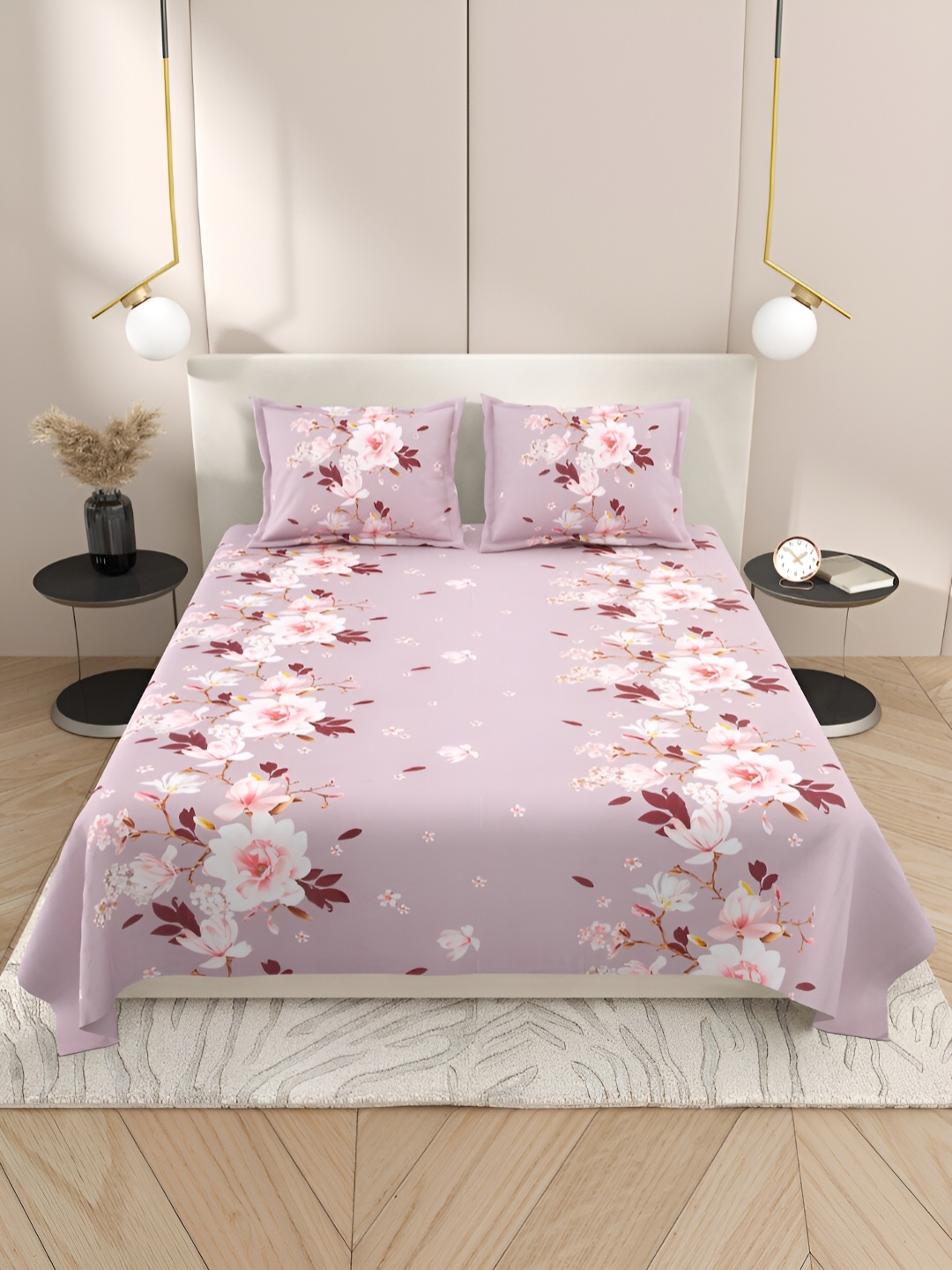 

Aura Purple & White Floral Cotton 220 TC King Bedsheet with 2 Pillow Covers, Pink