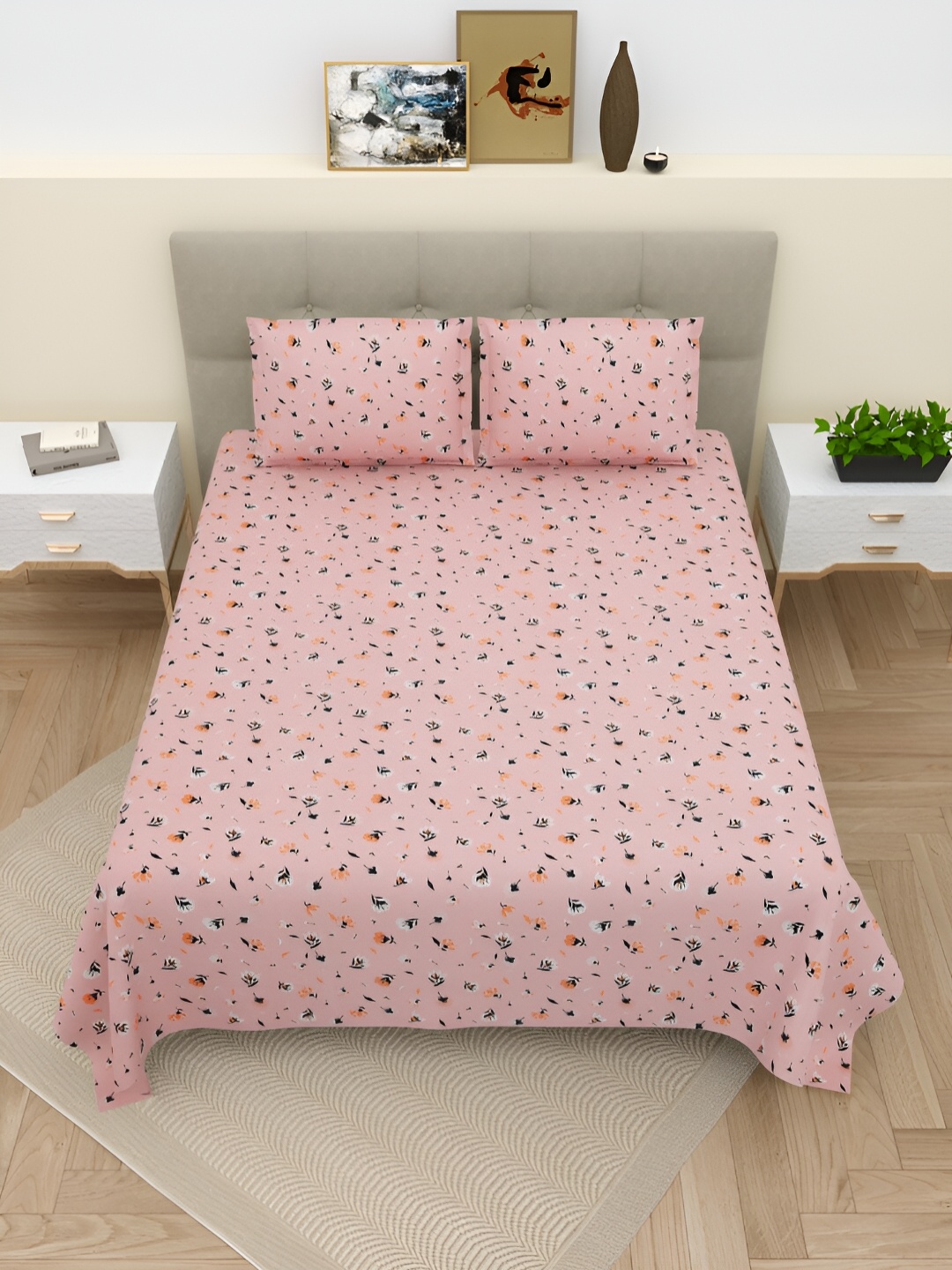 

Aura Pink & Black Floral Cotton 220 TC King Bedsheet with 2 Pillow Covers