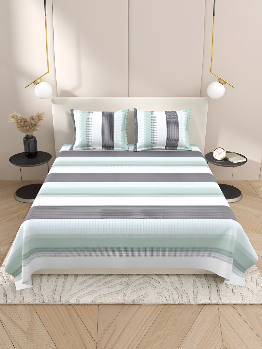 

Aura White & Grey Striped Cotton 220 TC King Bedsheet With 2 Pillow Covers